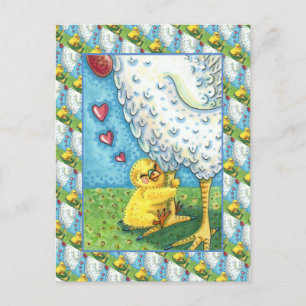 HUG YOUR MOMMA, CUTE BABY CHICK LOVES MOTHER HEN POSTCARD