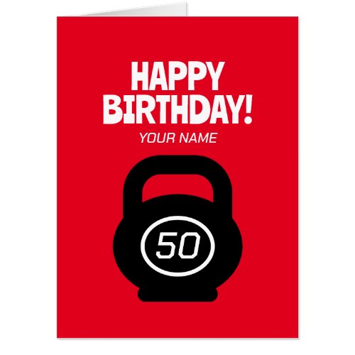 Huge 50th Birthday card with fitness kettlebell