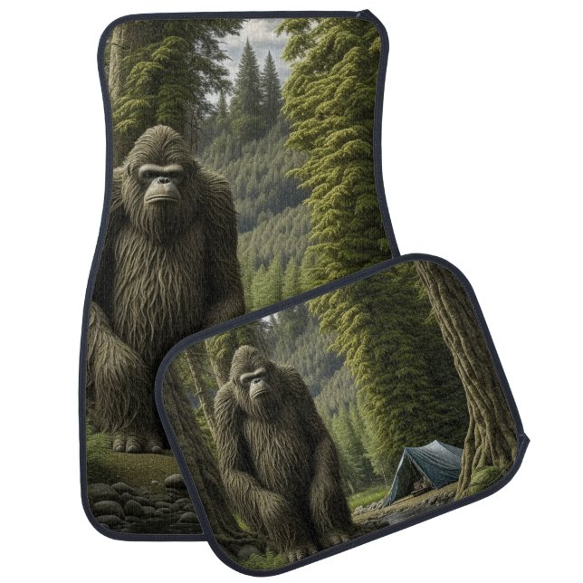 Huge Bigfoot sitting next to Tent in the Woods Car Floor Mat (Set)