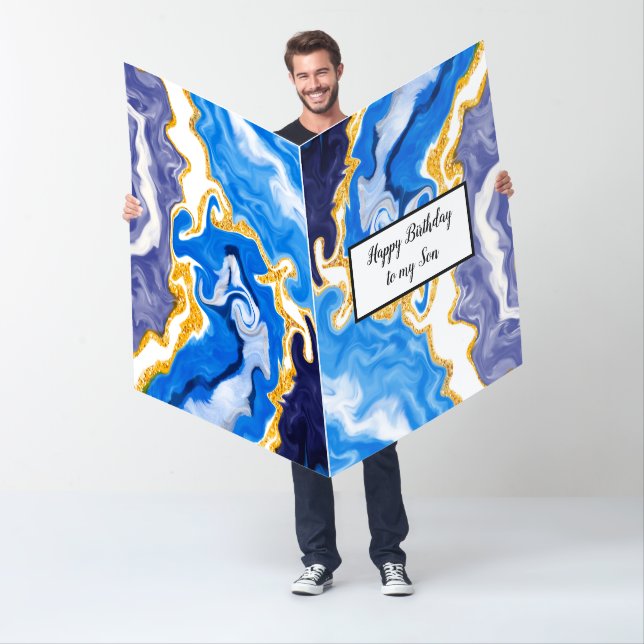 Huge Blue and Gold Swirls Marble Son's Birthday Card (In Situ)