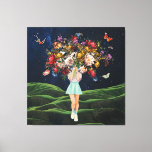 Huge Bouquet Girl Dark Sky Surreal Collage Canvas Print