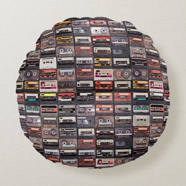 Huge collection of audio cassettes. Retro musical  Round Pillow (Front)