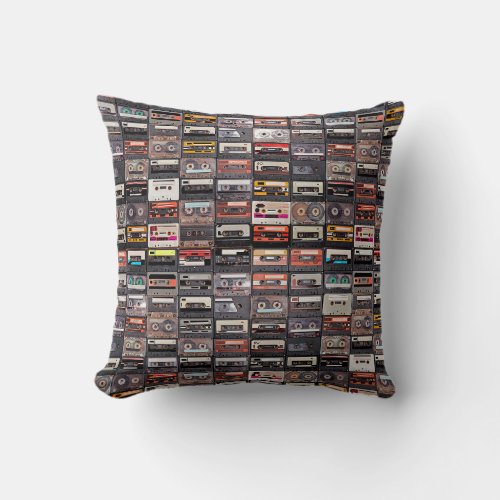 Huge collection of audio cassettes Retro musical  Throw Pillow