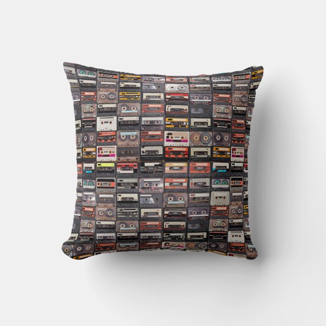Huge collection of audio cassettes. Retro musical  Throw Pillow (Front)