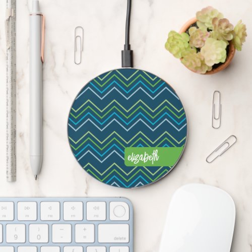 Huge Colorful Chevron Pattern _ Trendy Script Name Wireless Charger