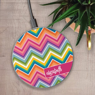 Huge Colorful Chevron Pattern - Trendy Script Name Wireless Charger