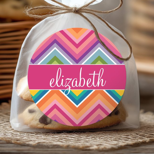 Huge Colorful Chevron Pattern with Name Classic Round Sticker (Personalized Sticker)