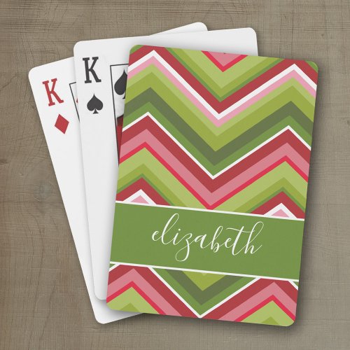 Huge Colorful Chevron Pattern with Name green red Playing Cards