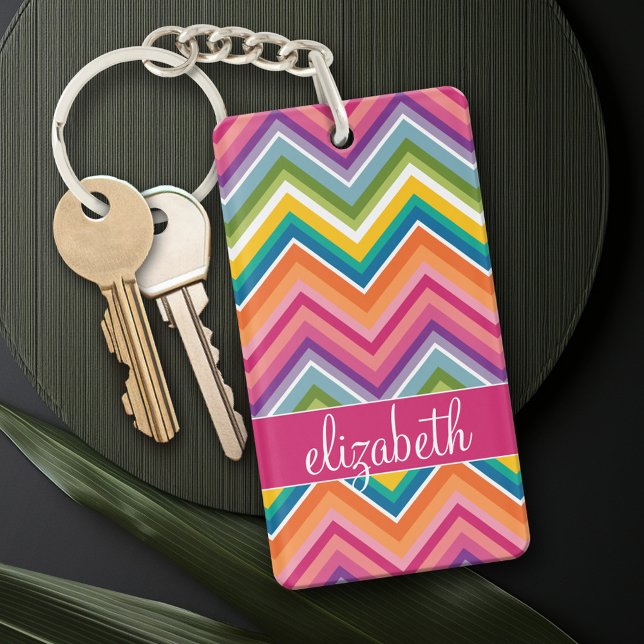 Huge Colorful Chevron Pattern with Name Keychain (Personalized Keychain - add a monogram or name)
