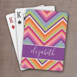 Huge Colorful Chevron Pattern with Name purple Playing Cards