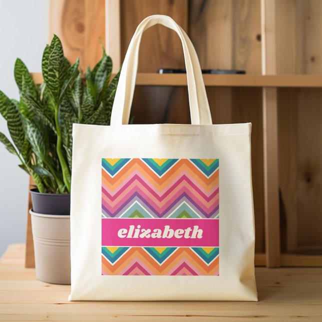 Huge Colorful Chevron Pattern with Name Tote Bag (Personalized tote bag - colorful chevrons and name)