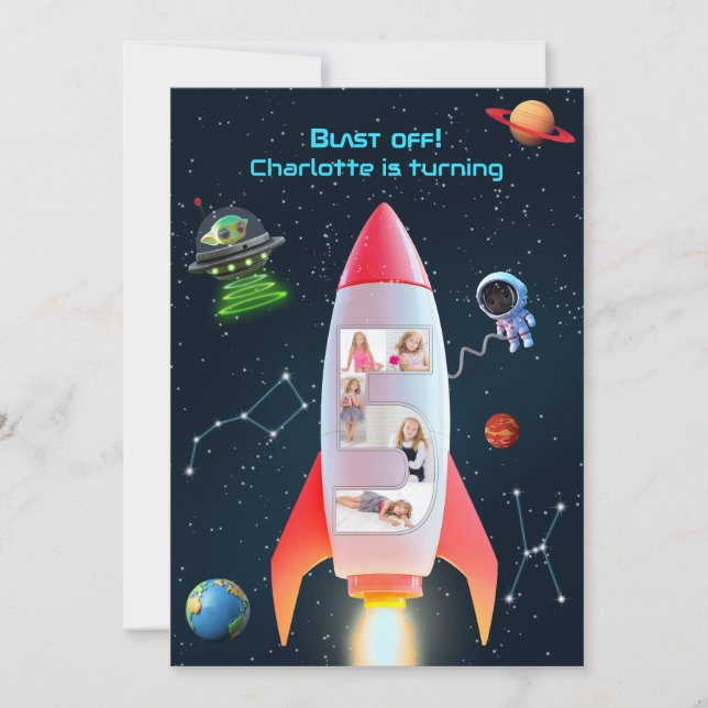 Huge Five with Photos | Rocket Space 5th Birthday Invitation (Front)