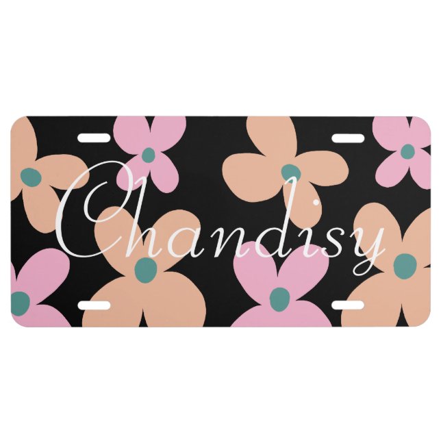 Huge Flowers Pink Orange Floral Name License Plate (Front)