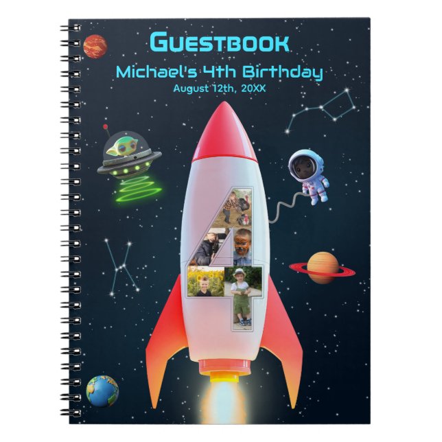 Huge Four | Rocket Space 4th Birthday Guest Book (Front)