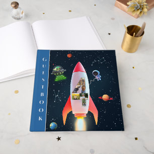 Huge Four with Photos Rocket Space 4th Birthday Foil Guest Book