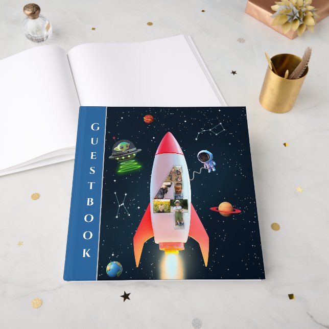 Huge Four with Photos | Rocket Space 4th Birthday Foil Guest Book (Front Open)