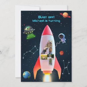 Huge Four with Photos Rocket Space 4th Birthday Invitation
