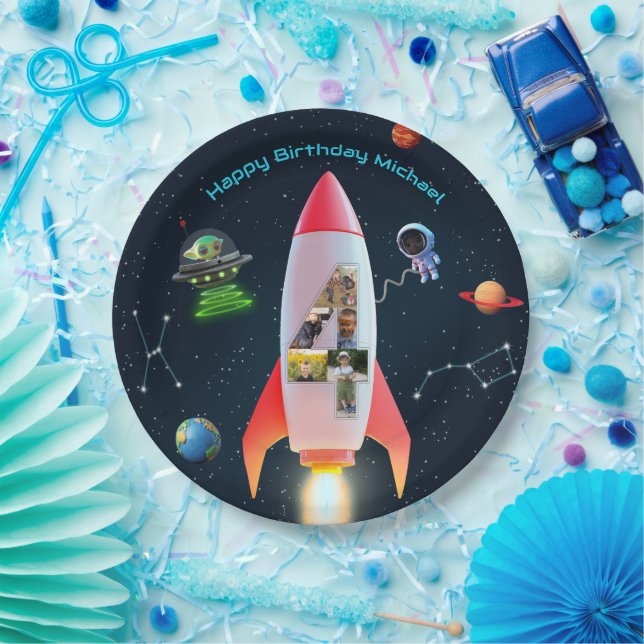 Huge Four with Photos | Space Rocket 4th Birthday Paper Plates (Party)