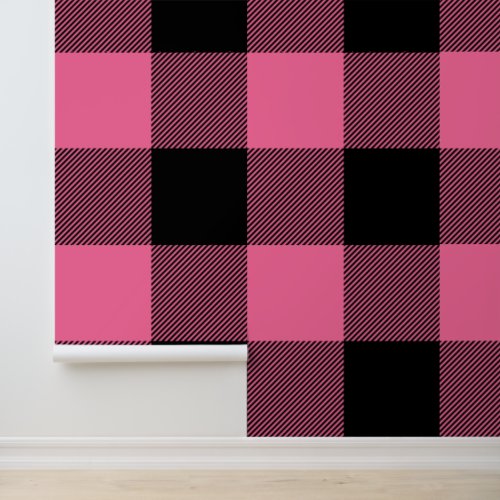 Huge French Pink and Black Buffalo Plaid Wallpaper