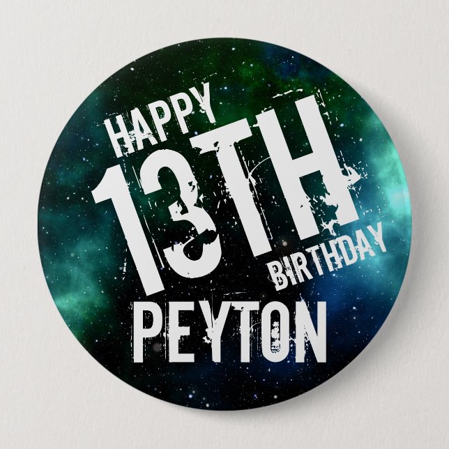 HUGE Galaxy Green Blue Personalized Birthday Party Button (Front)