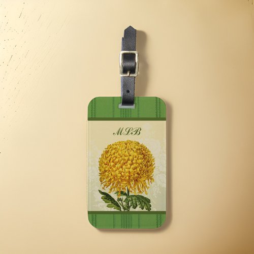 Huge Gold Chrysanthemum with Green Damask Monogram Luggage Tag