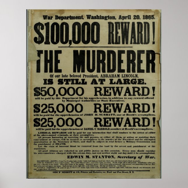 Huge John Wilkes Booth Lincoln murder Poster (Front)
