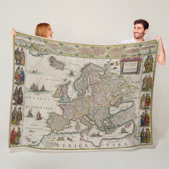 Huge Medieval Map of Europe (by Willem Blaeu) Fleece Blanket (In Situ)