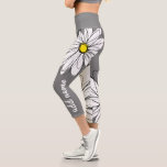 Huge Modern Daisy with Script Name Capri Leggings<br><div class="desc">Grey, Yellow, White - A girly and fun design with a subtle background. Huge hand-drawn daisies with bright yellow centers make a pretty design to wear. This funky flower has a modern look -- and you will be noticed. If your art still needs to be adjusted, click on the Customize...</div>