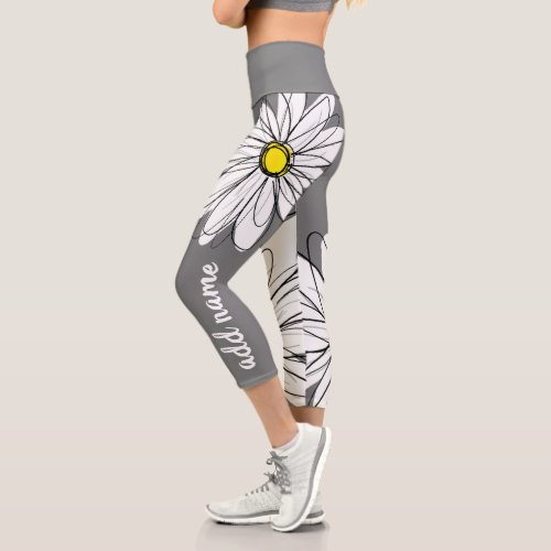 Huge Modern Daisy with Script Name Capri Leggings