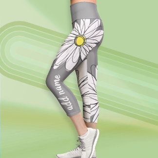 Huge Modern Daisy with Script Name Capri Leggings