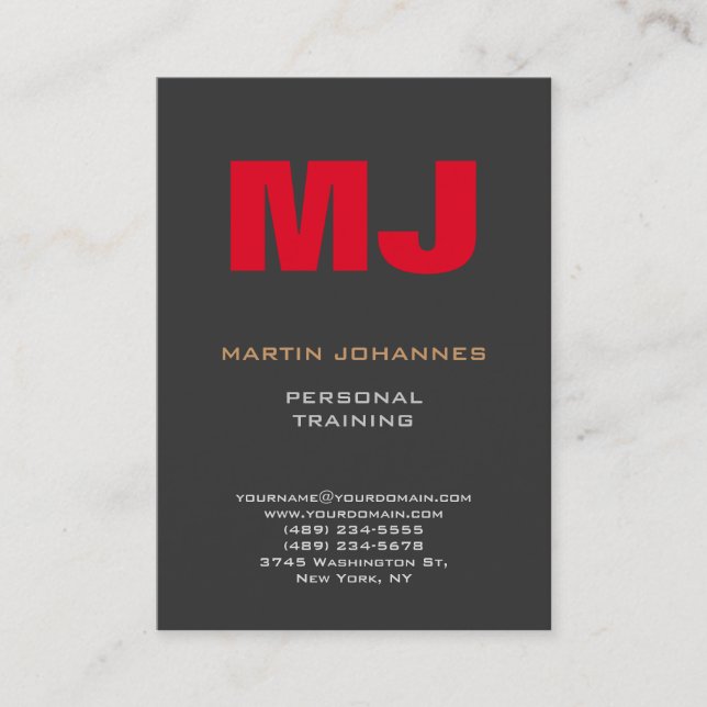 Huge Monogram Grey Red Sport Personal Trainer Business Card (Front)