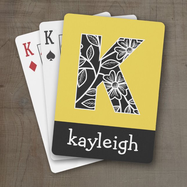 Huge Monogram K - Modern Floral Pattern Yellow Poker Cards (Personalized Playing Cards - Huge Monogram)