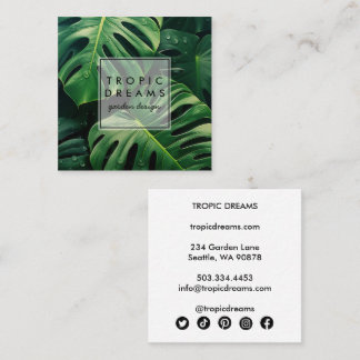 Huge Monstera Leaf Green Botanical Photograph Square Business Card