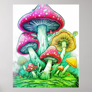 Huge Mushrooms On a White Background on a Wall Poster