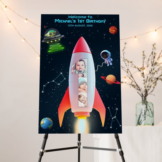 Huge One | 1st Birthday Space Rocket Photo Welcome Foam Board (In Situ (Stand))