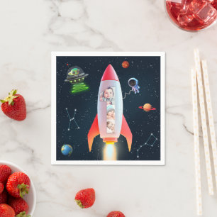 Huge One Photo Collage 1st Birthday Rocket Space Napkins