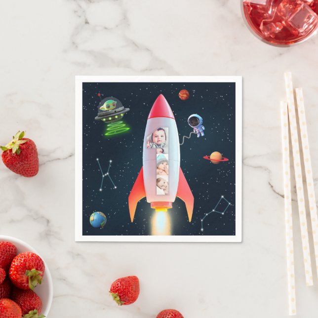 Huge One Photo Collage | 1st Birthday Rocket Space Napkins (Insitu)