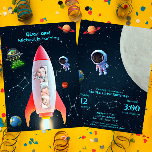 Huge One Photo Collage Rocket Space 1st Birthday Invitation