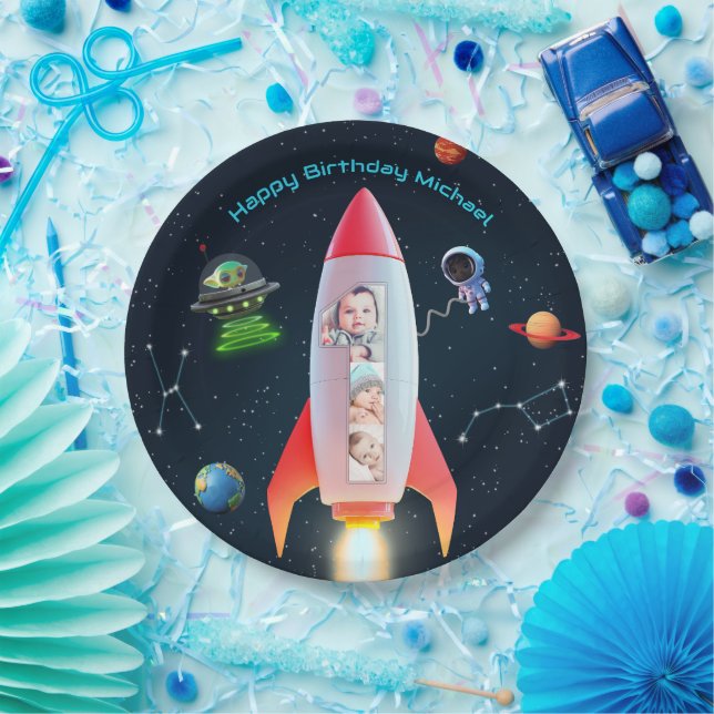 Huge One Photo Collage | Space Rocket 1st Birthday Paper Plates (Party)