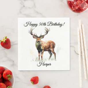 Huge Racked Deer Happy Birthday Name Napkins