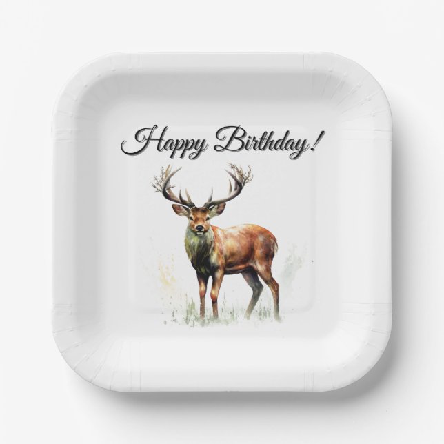 Huge Racked Deer Happy Birthday or Congratulations Paper Plates (Front)