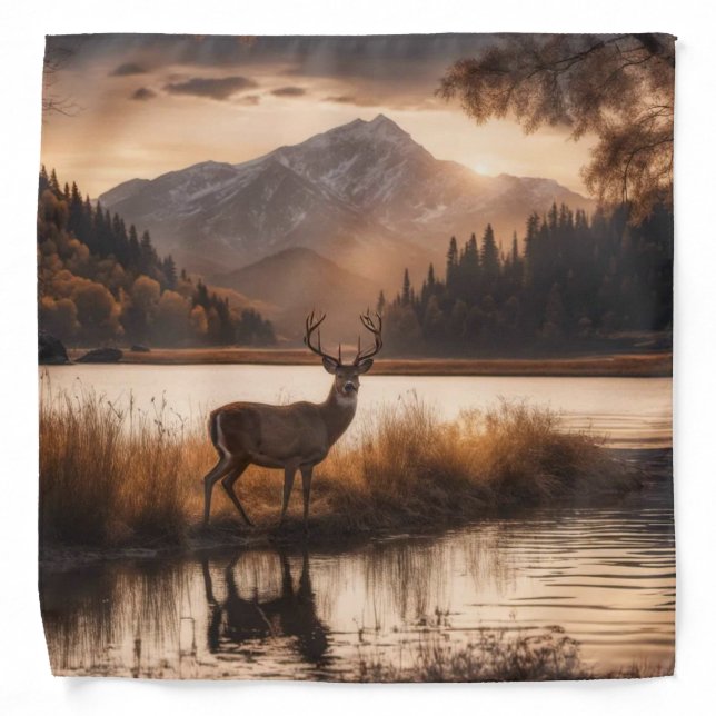 Huge Racked Deer on Mountain Lake Bandana (Front)