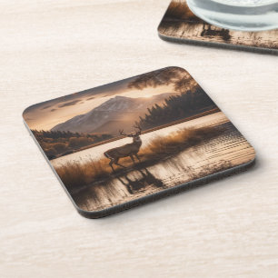 Huge Racked Deer on Mountain Lake Beverage Coaster