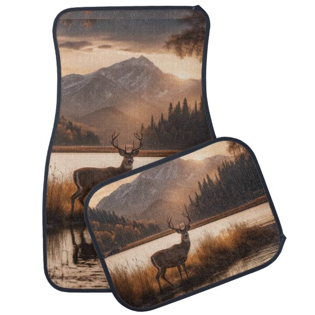 Huge Racked Deer on Mountain Lake Car Floor Mat (Set)
