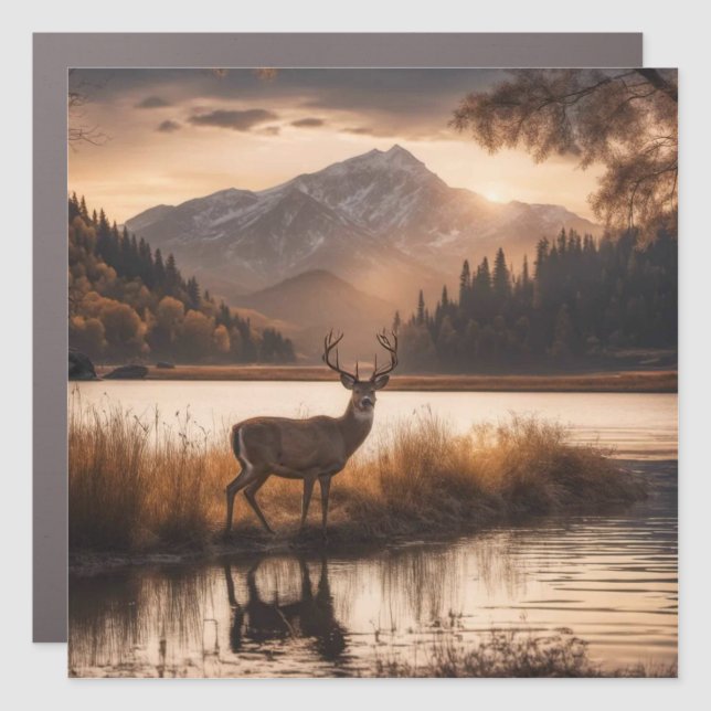 Huge Racked Deer on Mountain Lake Car Magnet (Front)