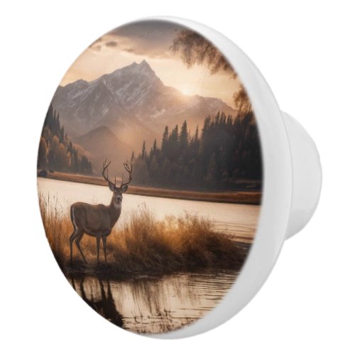 Huge Racked Deer on Mountain Lake Ceramic Knob