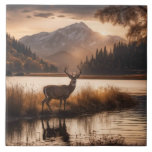 Huge Racked Deer on Mountain Lake Ceramic Tile<br><div class="desc">Sepia tone image of a twelve point rack on a deer at lakes edge of mountain valley</div>