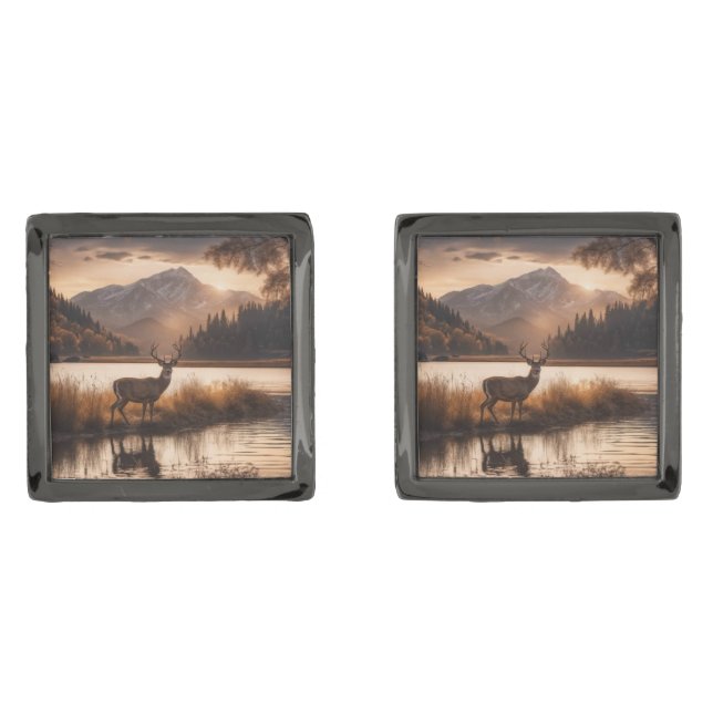 Huge Racked Deer on Mountain Lake Cufflinks (Front)