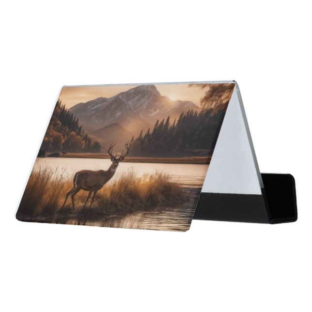 Huge Racked Deer on Mountain Lake Desk Business Card Holder (Angled Back)