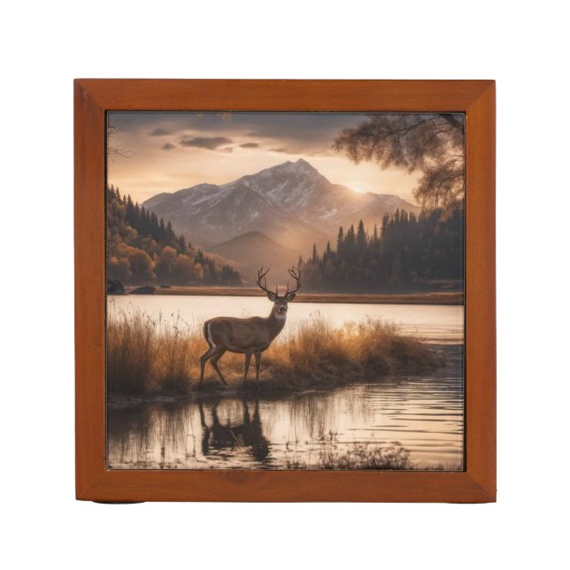 Huge Racked Deer on Mountain Lake Desk Organizer (Front)